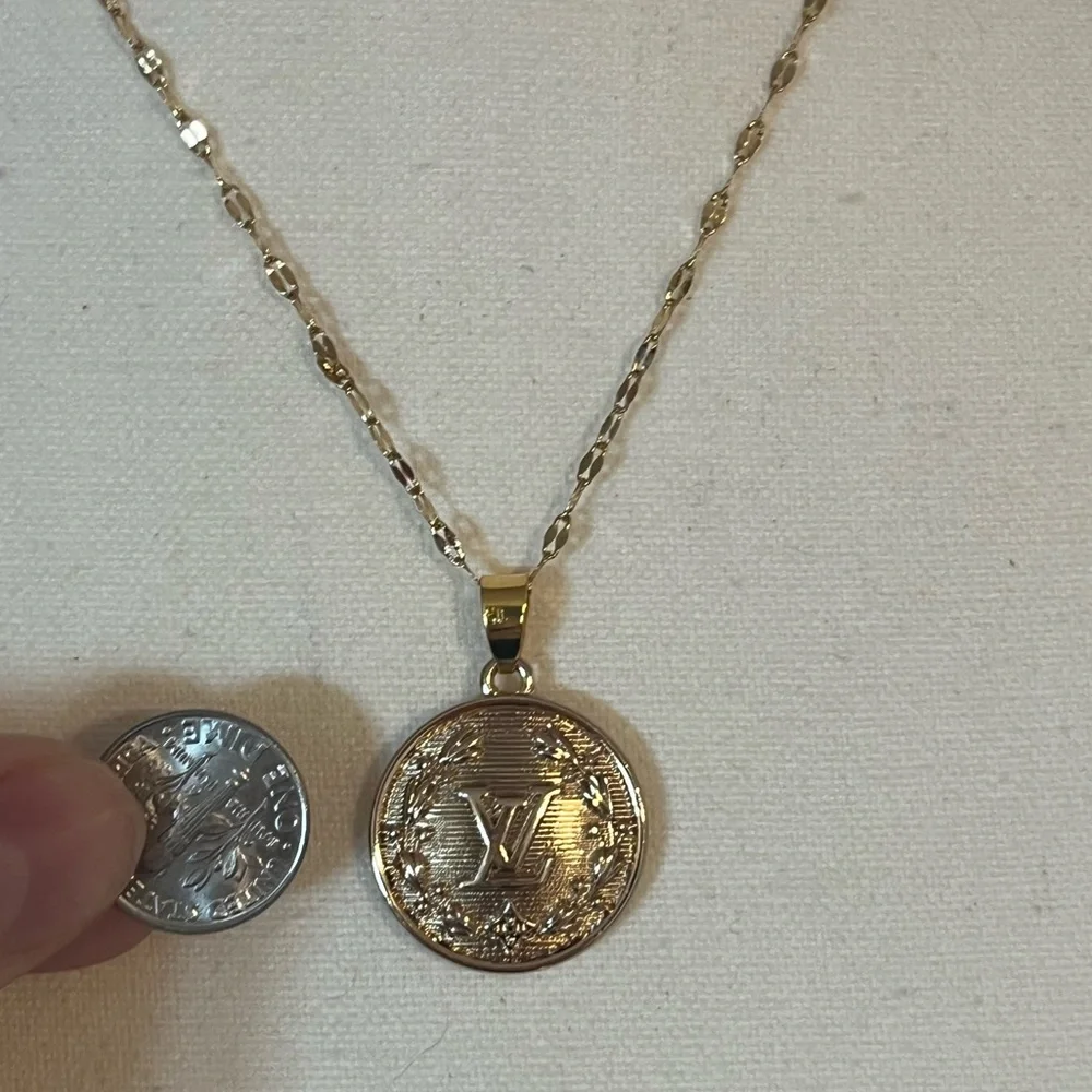 Gold Vintage LV Stamped Upcycled Charm Pendant Necklace - Picture 6 of 9